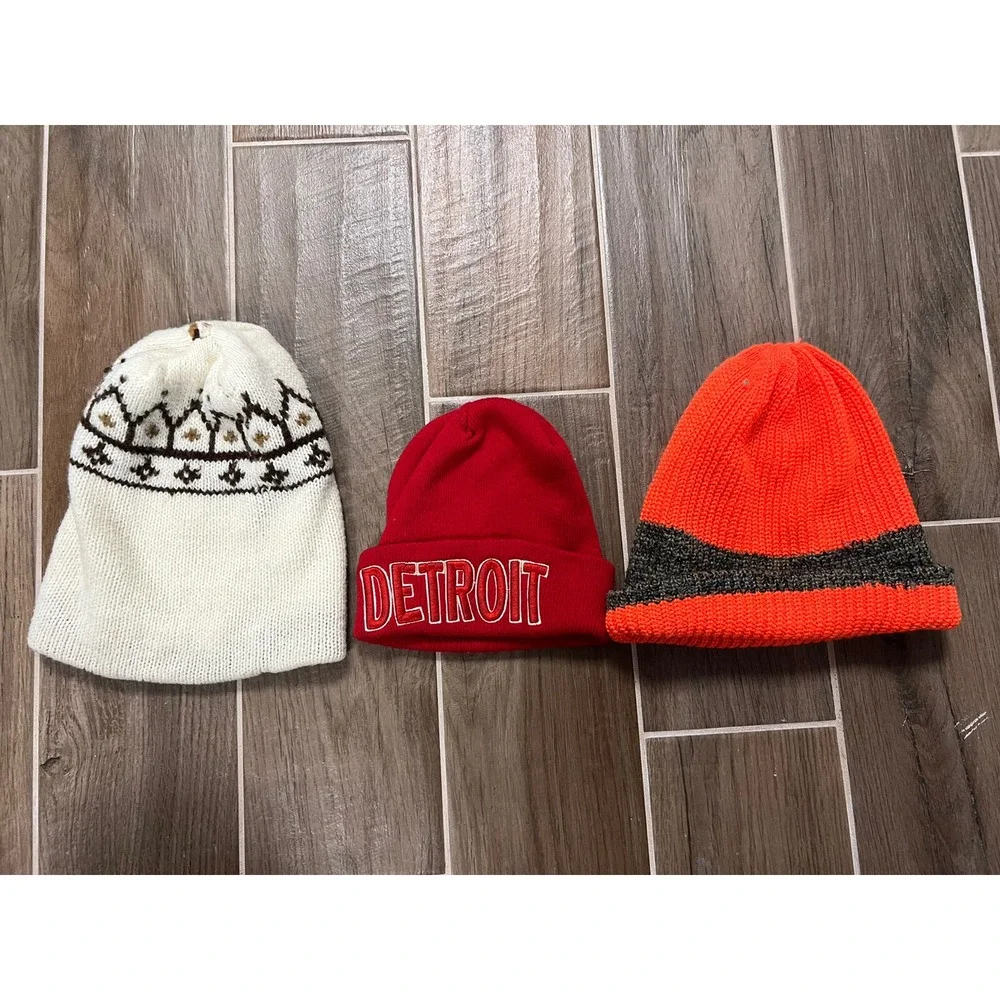 Lot of 3 Winter Hats Beanies Cotton Orange Beige Detroit